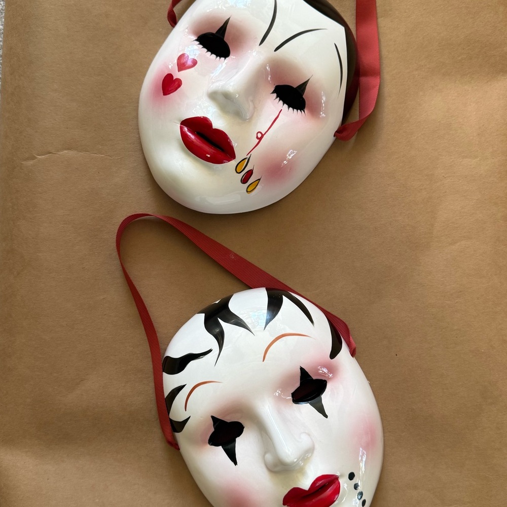 Set of 2 Vintage 80s Parisian Chic Painted Ceramic Face Masks